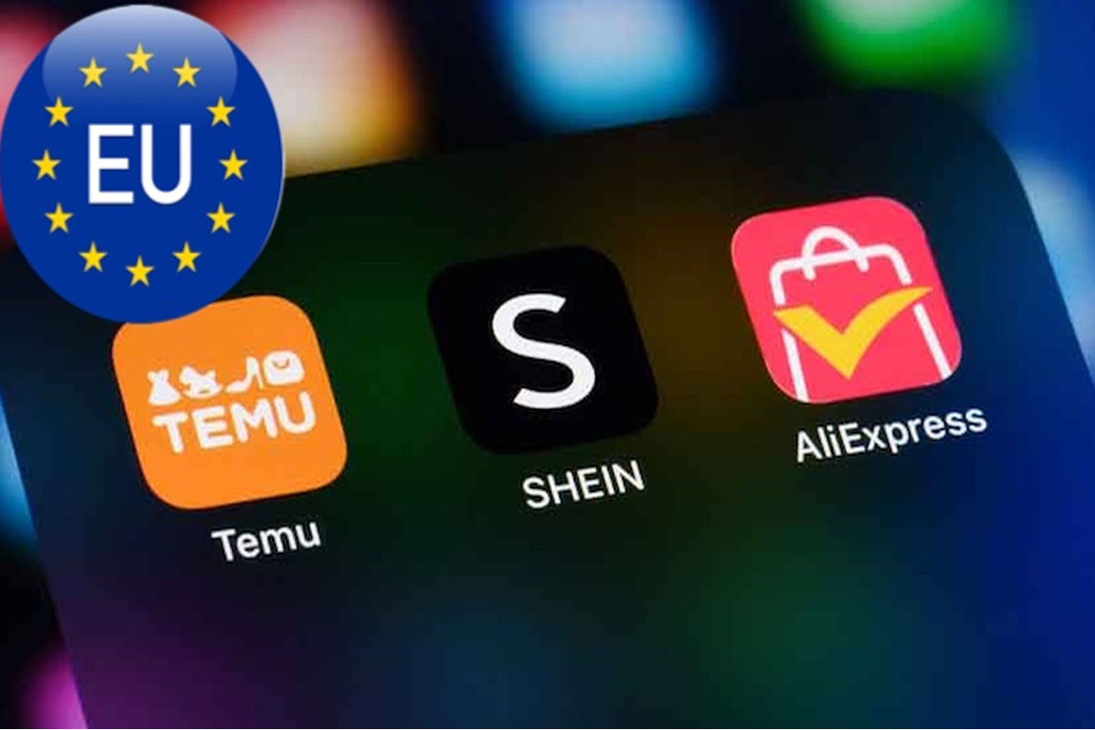 Phone home screen showing Temu, SHEIN, and AliExpress apps with an EU badge overlapping the corner.