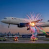 Delta aircraft takes off as colorful fireworks explode behind it at sunset-lit airport runway.