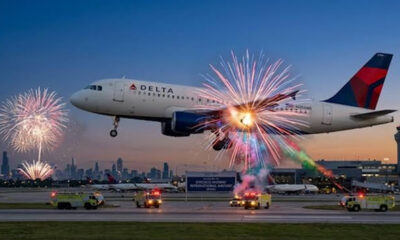 Delta aircraft takes off as colorful fireworks explode behind it at sunset-lit airport runway.