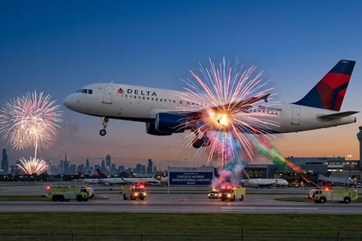 Delta aircraft takes off as colorful fireworks explode behind it at sunset-lit airport runway.