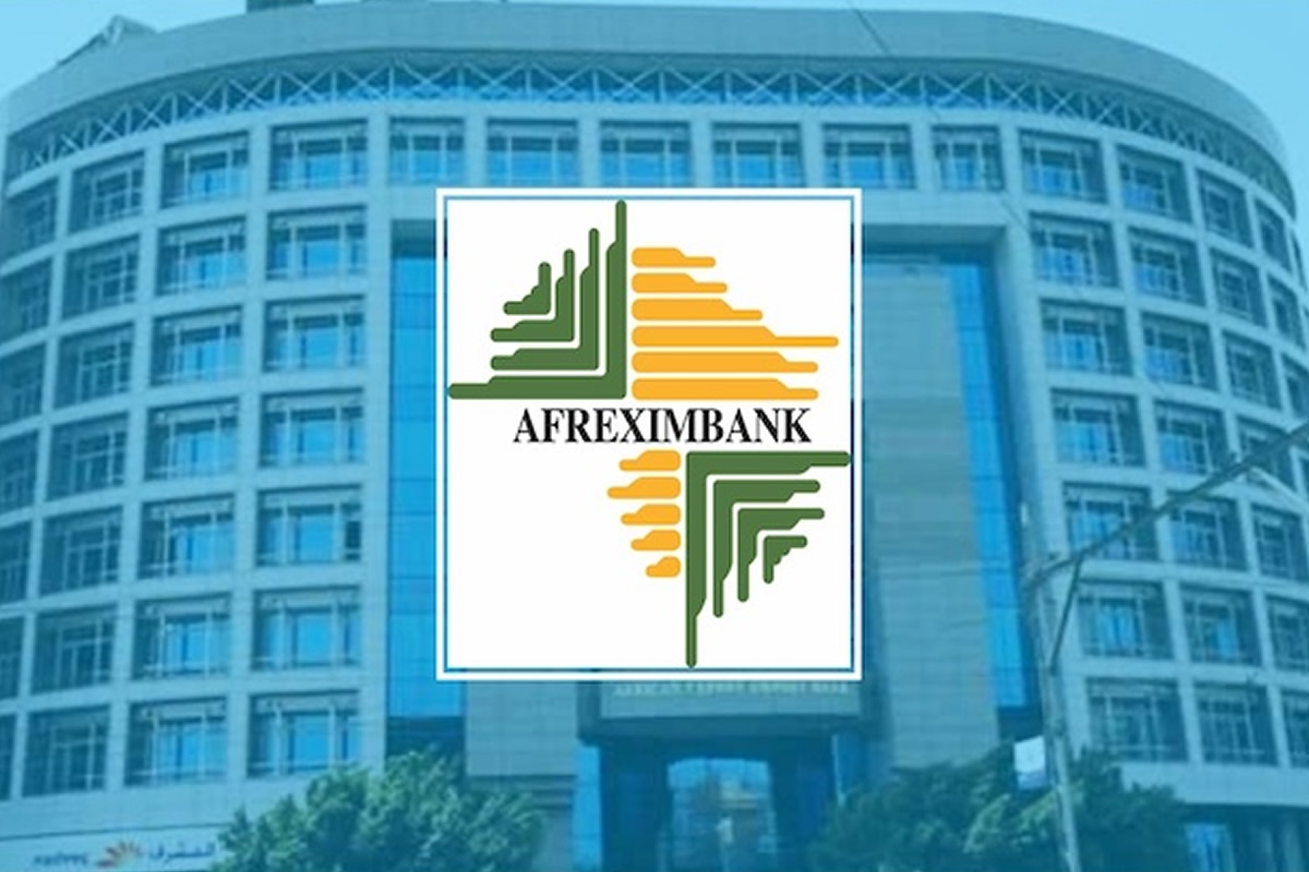Afreximbank logo with green and orange geometric emblem on a blue office building background.