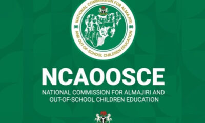 Logo for the National Commission for Almajiri and Out-of-School Children Education (NCAOSCE) on a green background.