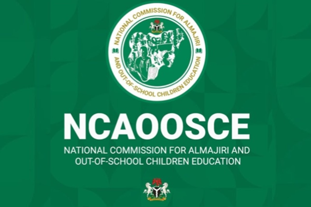 Logo for the National Commission for Almajiri and Out-of-School Children Education (NCAOSCE) on a green background.