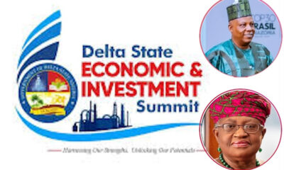 Delta State Economic & Investment Summit logo with two circular portraits of a man and a woman on the right side.