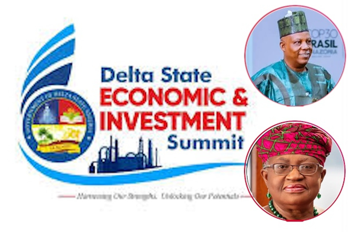 Delta State Economic & Investment Summit logo with two circular portraits of a man and a woman on the right side.