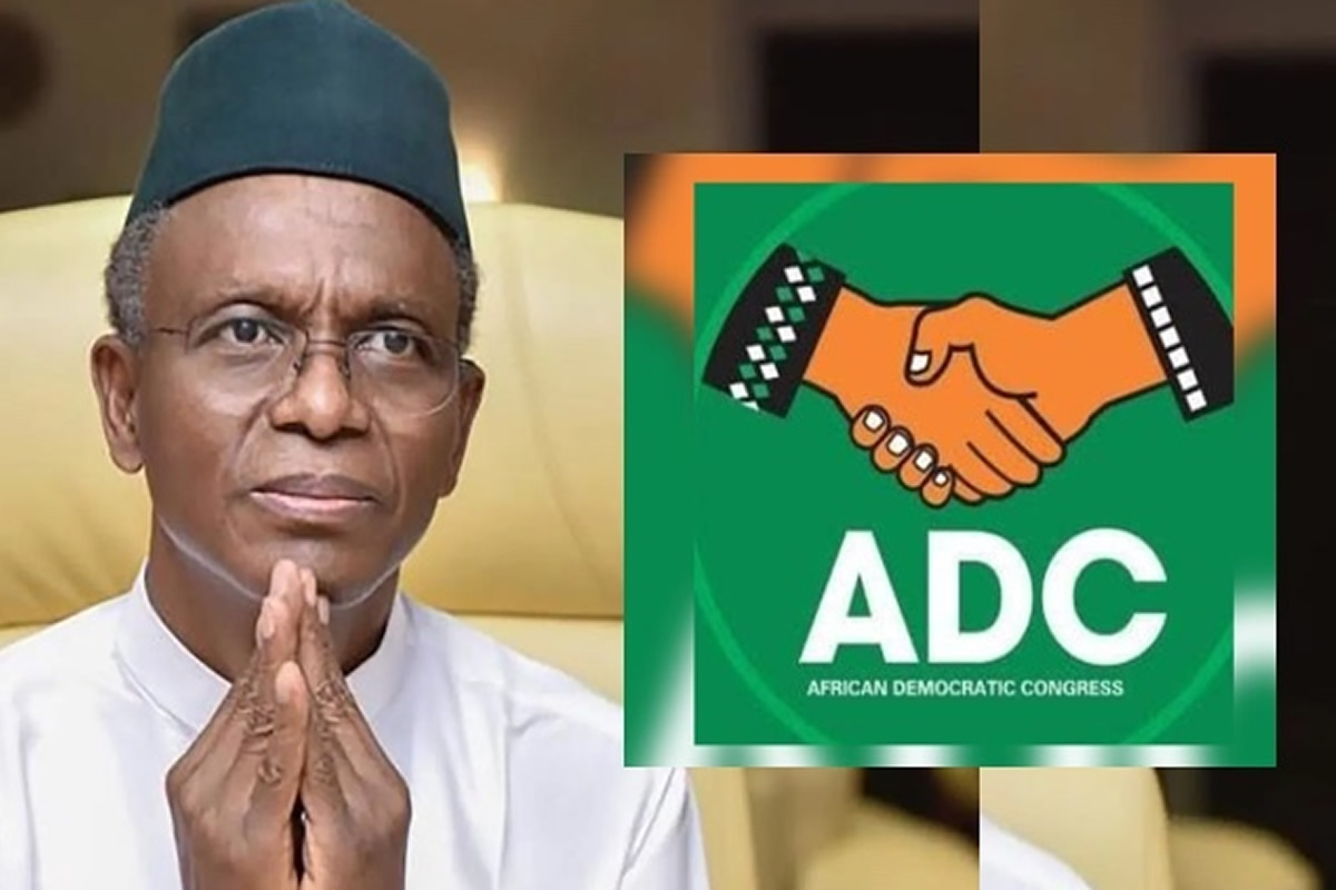 Man in white with a green cap, hands pressed in prayer; on the right is the ADC (African Democratic Congress) logo overlayed.