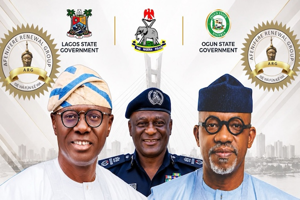 Banner image of three Nigerian officials: a man in a white agbada and cap on the left, a police officer in the center, and a man in a blue agbada and cap on the right, with Lagos and Ogun state government emblems and seals above.