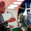 A man in traditional attire speaks at a podium, with a circular inset on the right showing a nighttime view of a futuristic white arch monument and illuminated surrounding plaza.