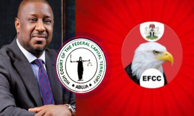 Man in a suit seated beside circular emblems for the High Court of the Federal Capital Territory Abuja and the EFCC on a red background.