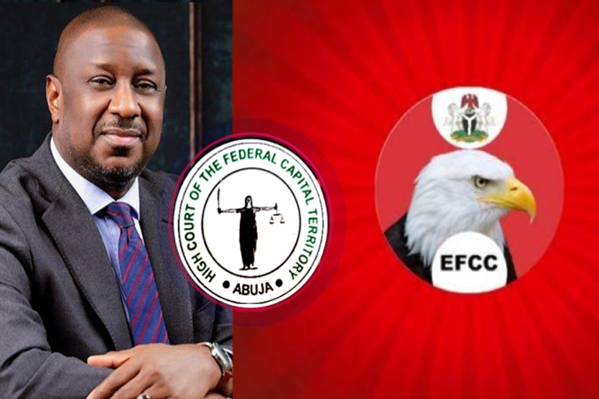 Man in a suit seated beside circular emblems for the High Court of the Federal Capital Territory Abuja and the EFCC on a red background.