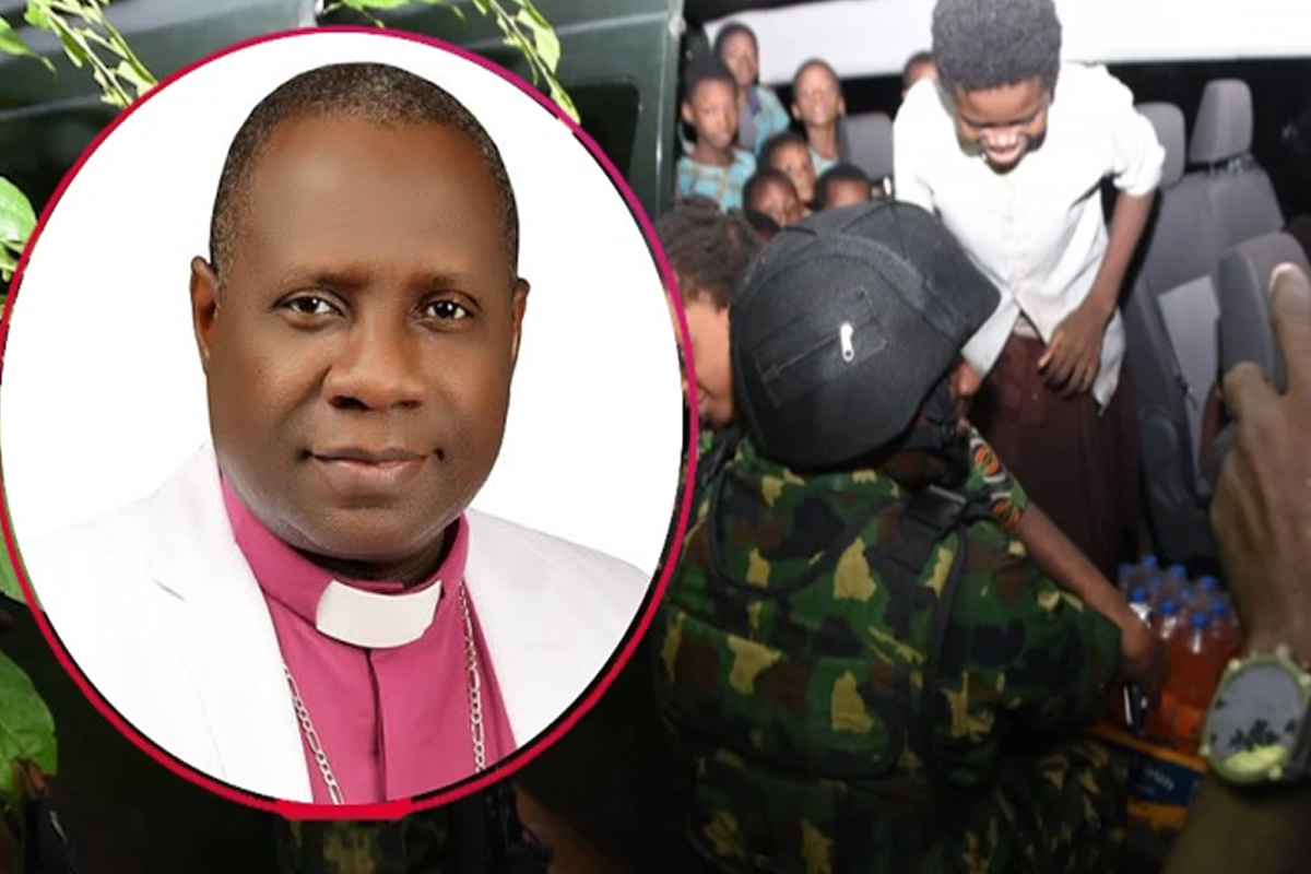 Portrait of a bishop in pink clerical attire and white robe, overlaid on a crowd as uniformed soldiers distribute bottled drinks in a bus or shelter scene.