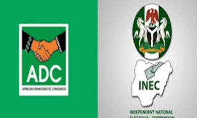 Left: ADC logo with a handshake on green; right: INEC logo featuring the Nigerian map and national emblem, indicating the political party and electoral body.