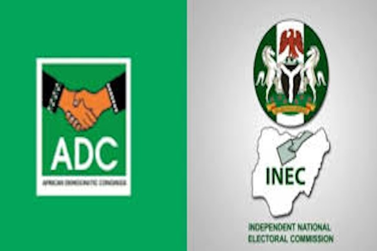 Left: ADC logo with a handshake on green; right: INEC logo featuring the Nigerian map and national emblem, indicating the political party and electoral body.