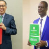 Two men in suits stand side by side, each holding a large colorful folder (red on the left, green on the right).