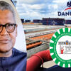 Left: man wearing glasses against an industrial oil facility backdrop with Dangote logo and a PETROAN emblem overlay on the right.