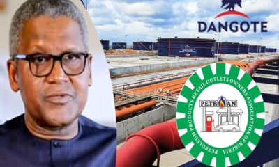 Left: man wearing glasses against an industrial oil facility backdrop with Dangote logo and a PETROAN emblem overlay on the right.