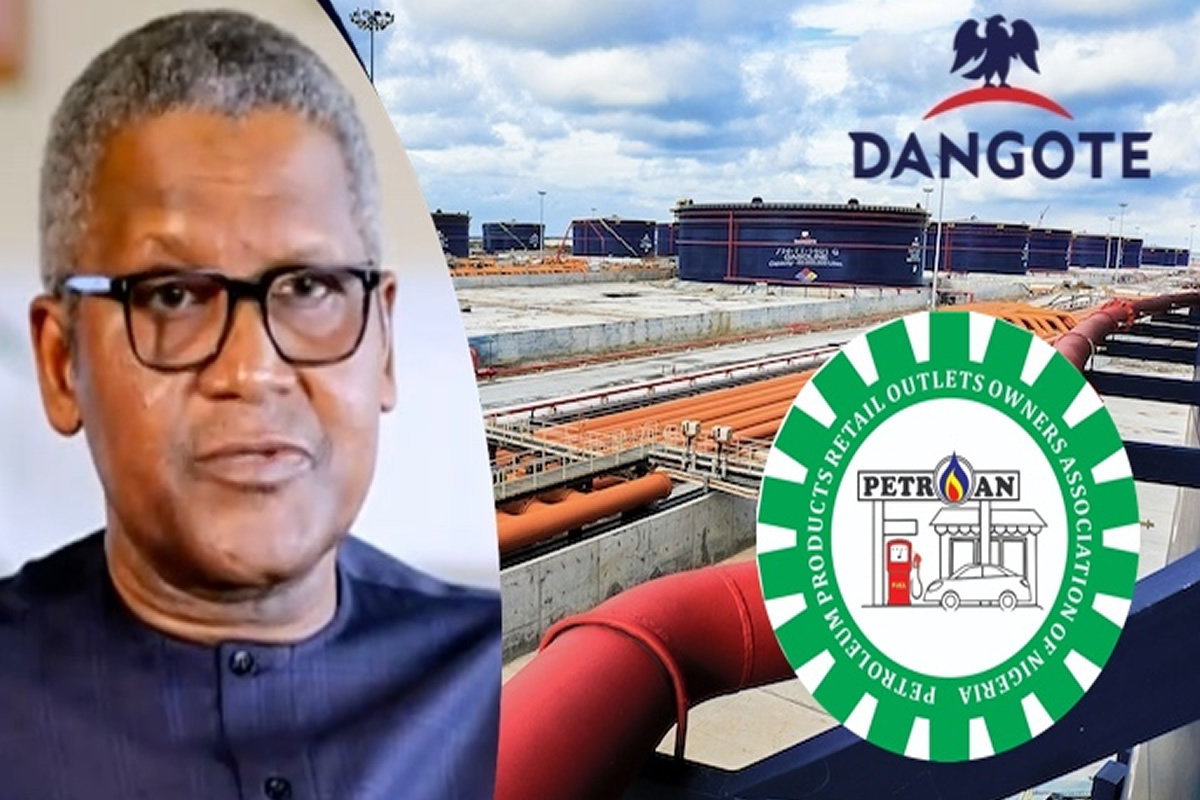 Left: man wearing glasses against an industrial oil facility backdrop with Dangote logo and a PETROAN emblem overlay on the right.