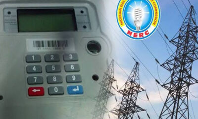 Payment terminal keypad with barcode, set against power transmission towers and the NERC logo in the sky.