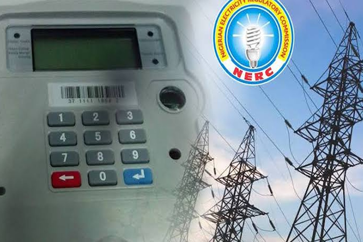 Payment terminal keypad with barcode, set against power transmission towers and the NERC logo in the sky.