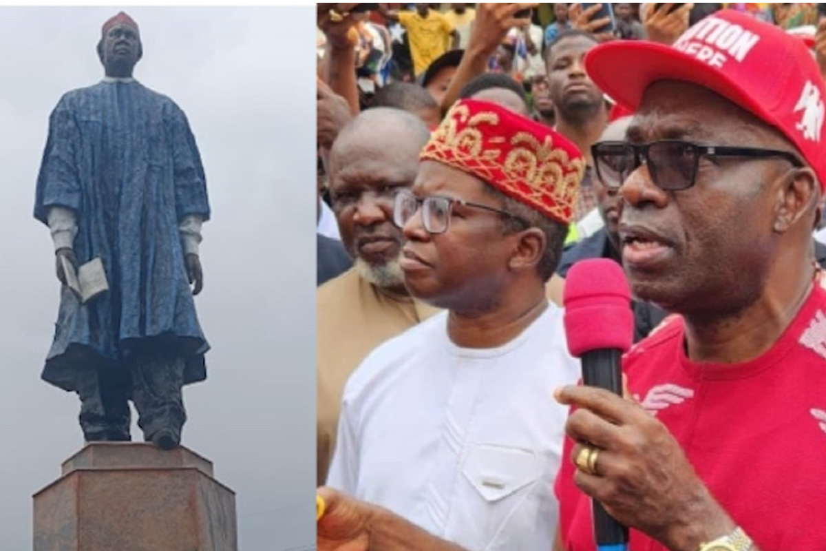 Two-panel scene: a tall statue in a blue robe on a pedestal left, and a man in a red cap speaking into a pink microphone at a crowd on the right.