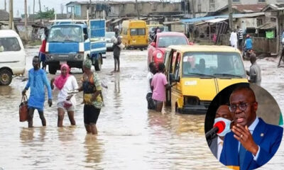 People wading in knee-deep floodwater on a flooded street with submerged cars; circular inset shows a man in a suit speaking at a podium.
