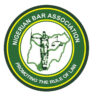 Circular logo of the Nigerian Bar Association with the slogan 'Promoting the Rule of Law' around the rim and a central figure holding scales over a map outline of Nigeria, in green and yellow.