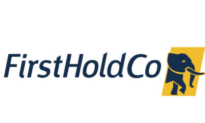 FirstHoldCo logo: navy text with a navy elephant silhouette over a yellow parallelogram panel.