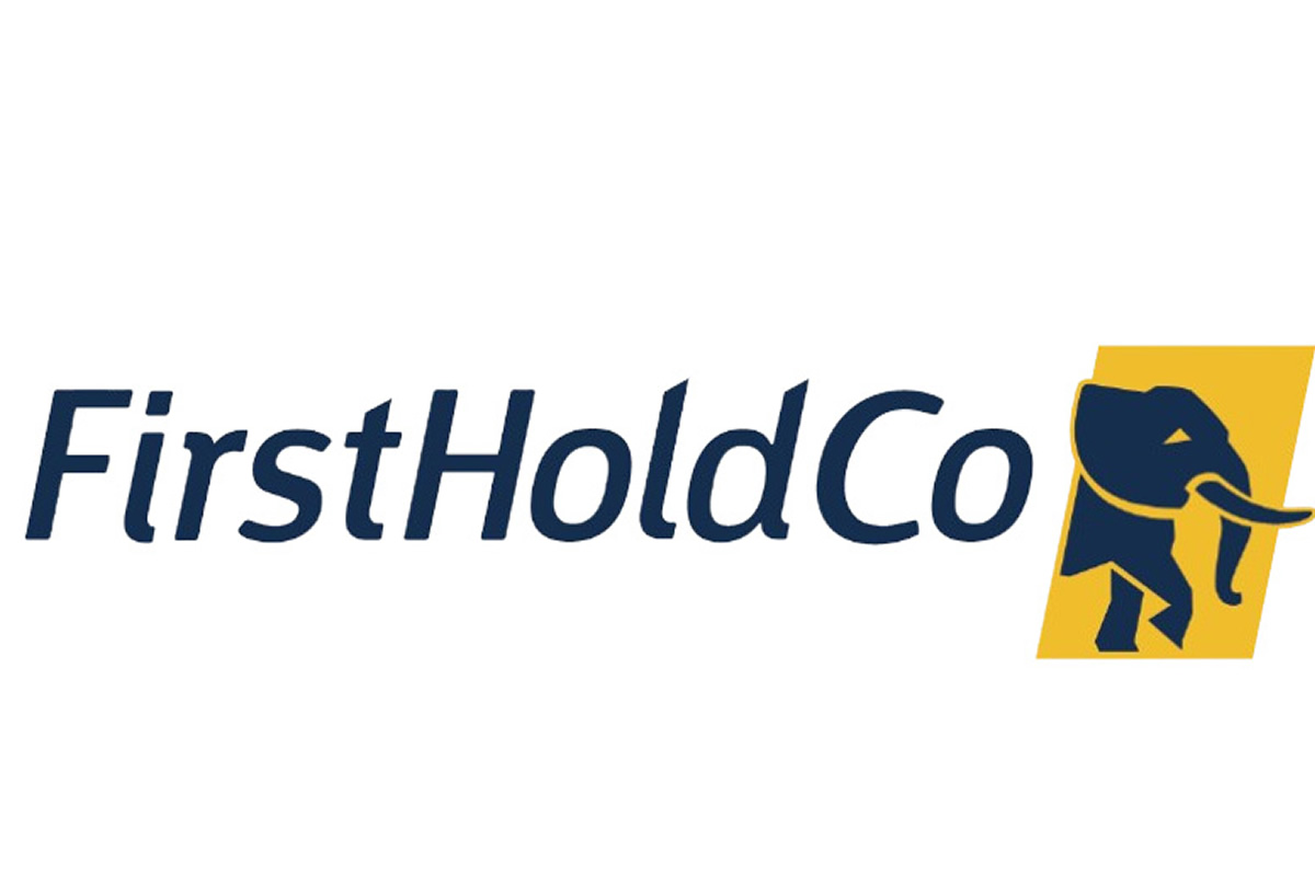 FirstHoldCo logo: navy text with a navy elephant silhouette over a yellow parallelogram panel.