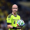 Male soccer referee in a neon yellow kit holding a colorful FIFA match ball during a game.