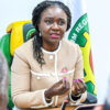 Woman in a beige blazer speaks at a meeting, hands gesturing as she talks, with a colorful flag in the background.