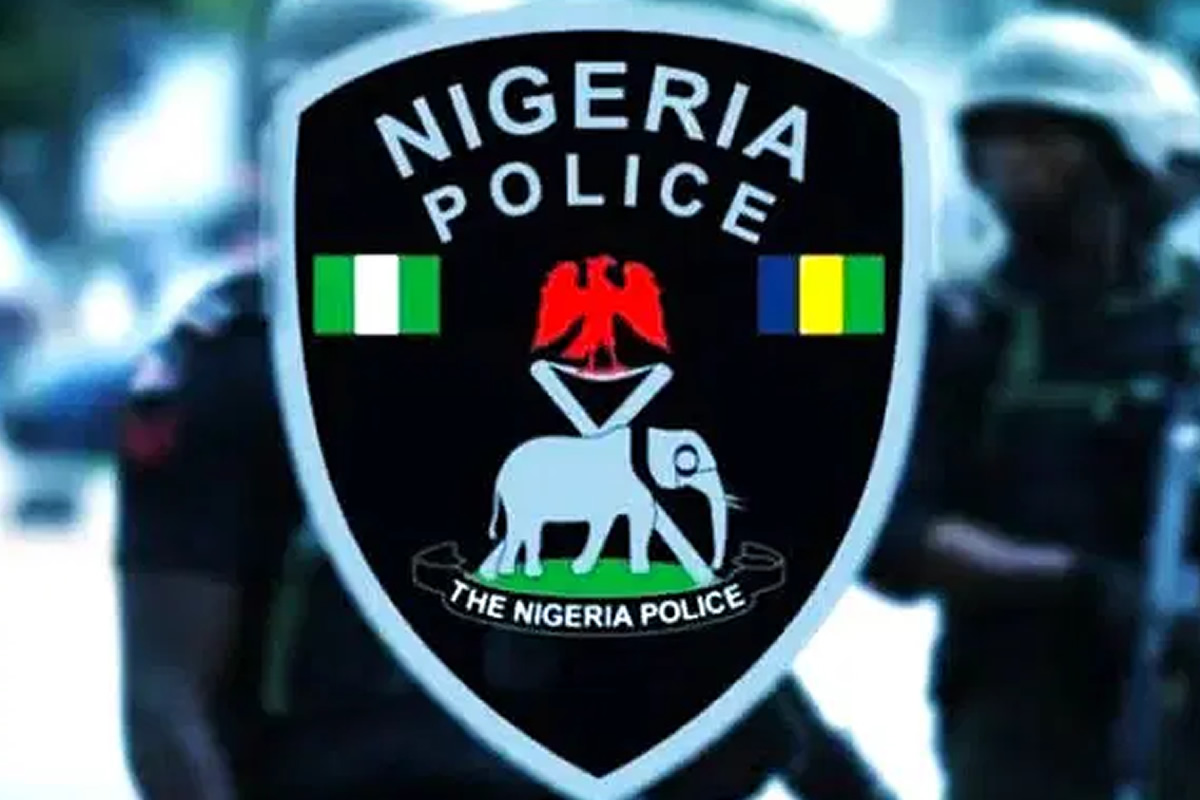 Nigeria Police shield badge with green and white flags on the sides and the motto 'THE NIGERIA POLICE' at the bottom on a black shield.