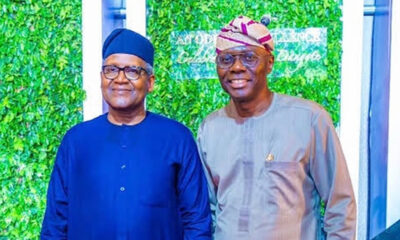 Two Nigerian men in traditional attire pose for a photo in front of a leafy green backdrop; one wears a dark blue agbada and cap, the other a light gray outfit with a patterned cap, both smiling.