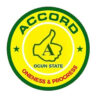 ACCORD Ogun State circular logo with a yellow background, green border, and 'Oneness & Progress' slogan.