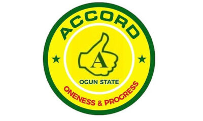 ACCORD Ogun State circular logo with a yellow background, green border, and 'Oneness & Progress' slogan.