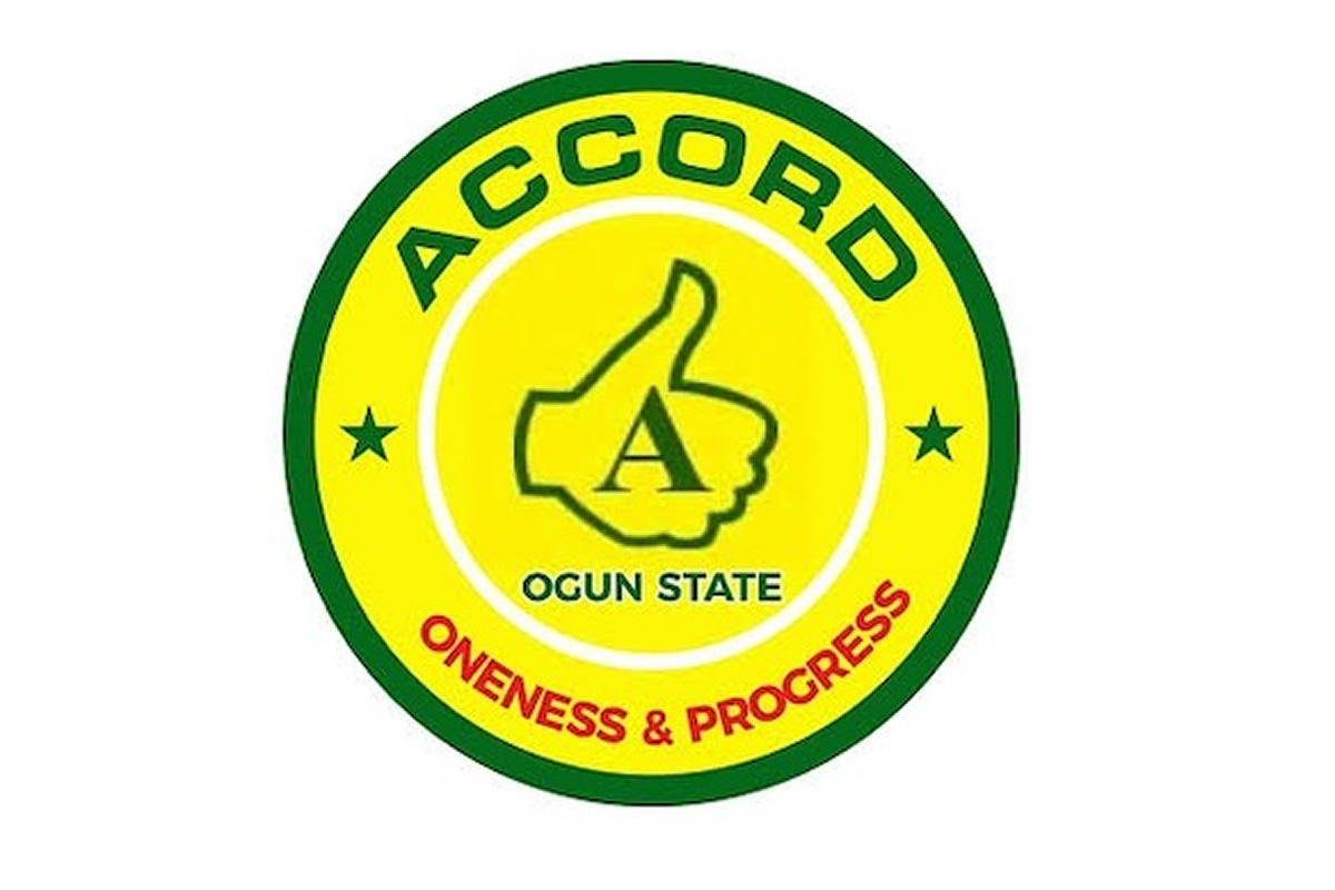 ACCORD Ogun State circular logo with a yellow background, green border, and 'Oneness & Progress' slogan.