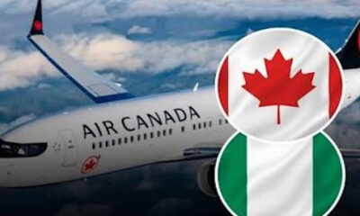 Air Canada jet with Canadian and Nigerian flags overlaid in the foreground, suggesting international flight or partnership.