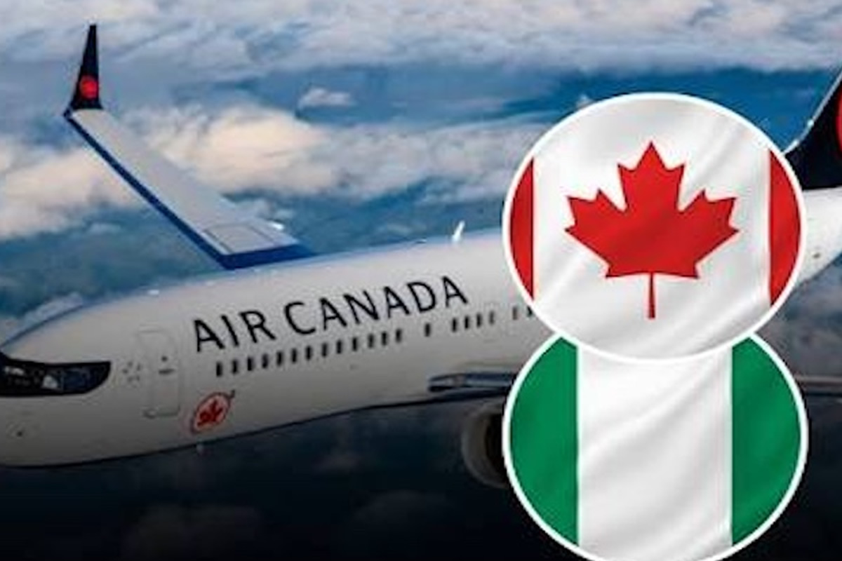 Air Canada jet with Canadian and Nigerian flags overlaid in the foreground, suggesting international flight or partnership.
