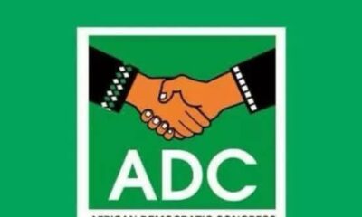 African Democratic Congress logo with two hands shake inside a green square, text 'ADC' beneath and 'AFRICAN DEMOCRATIC CONGRESS' tagline