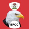 Bald eagle wearing a suit with an EFCC badge on a red background, with a Nigerian crest above.
