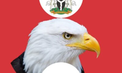 Bald eagle wearing a suit with an EFCC badge on a red background, with a Nigerian crest above.