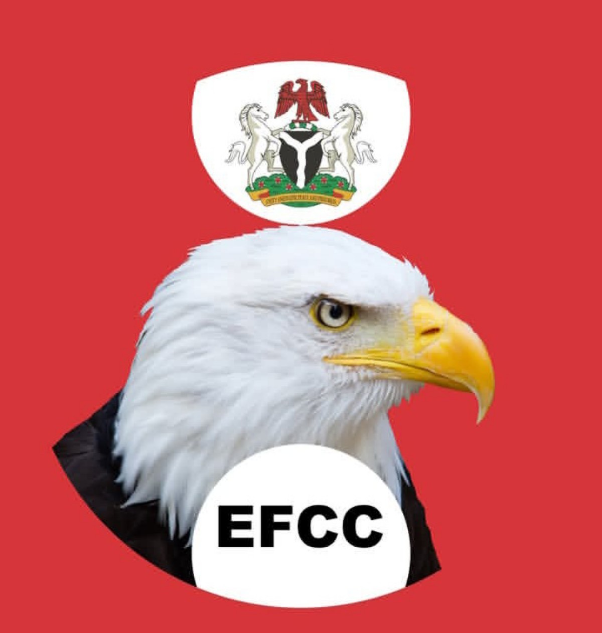 Bald eagle wearing a suit with an EFCC badge on a red background, with a Nigerian crest above.