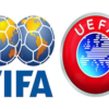 FIFA logo with interlocking globe spheres on the left and a red UEFA badge on the right