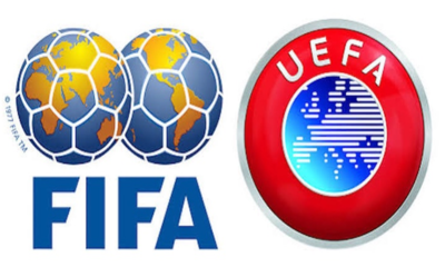 FIFA logo with interlocking globe spheres on the left and a red UEFA badge on the right