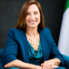 Professional portrait of a smiling woman in a teal blouse and blue blazer, with flags in the background.