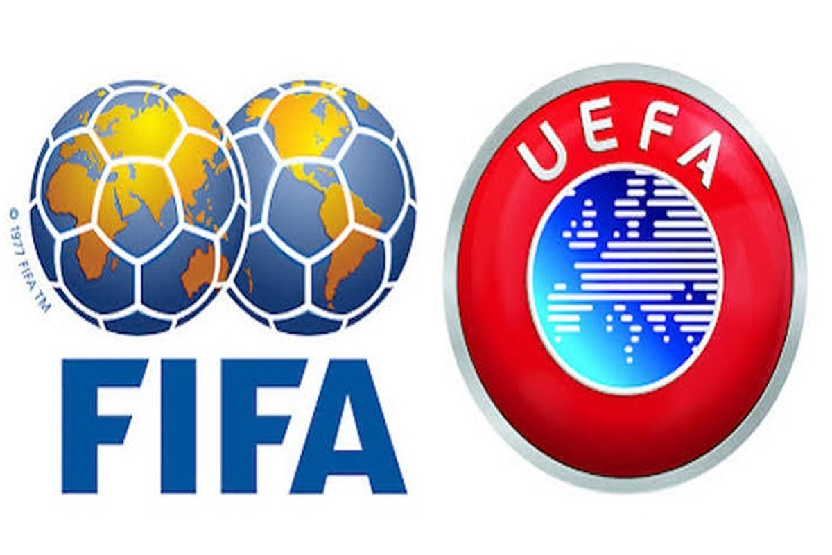 FIFA logo with interlocking globe spheres on the left and a red UEFA badge on the right