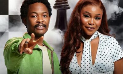 Poster for 'The Gambit' featuring a man in a green jacket and a woman in a white polka-dot blouse posed in front of a large chess king, smoky backdrop, with Big Brother Naija branding in the corner.