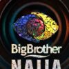 Colorful mosaic eye logo for Big Brother Naija with bold white text below the iris motif against a dark circular background.