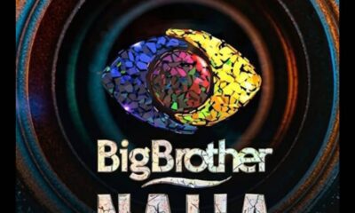 Colorful mosaic eye logo for Big Brother Naija with bold white text below the iris motif against a dark circular background.