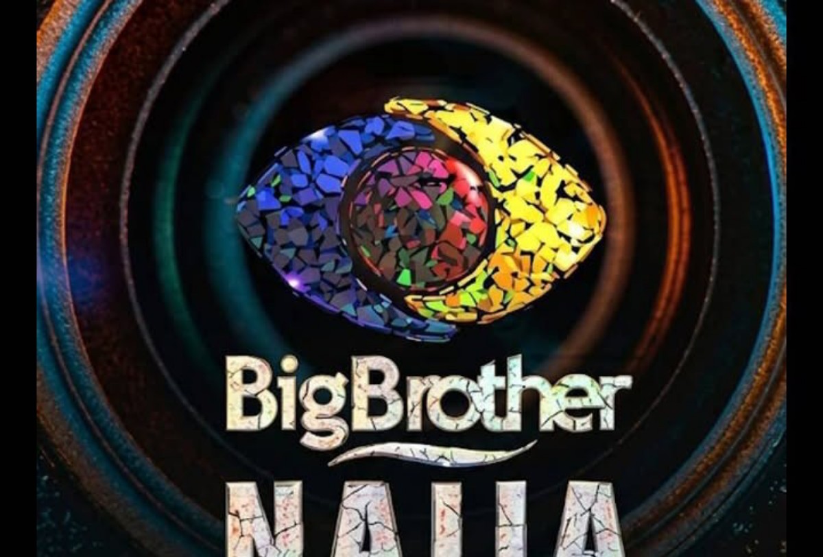 Colorful mosaic eye logo for Big Brother Naija with bold white text below the iris motif against a dark circular background.