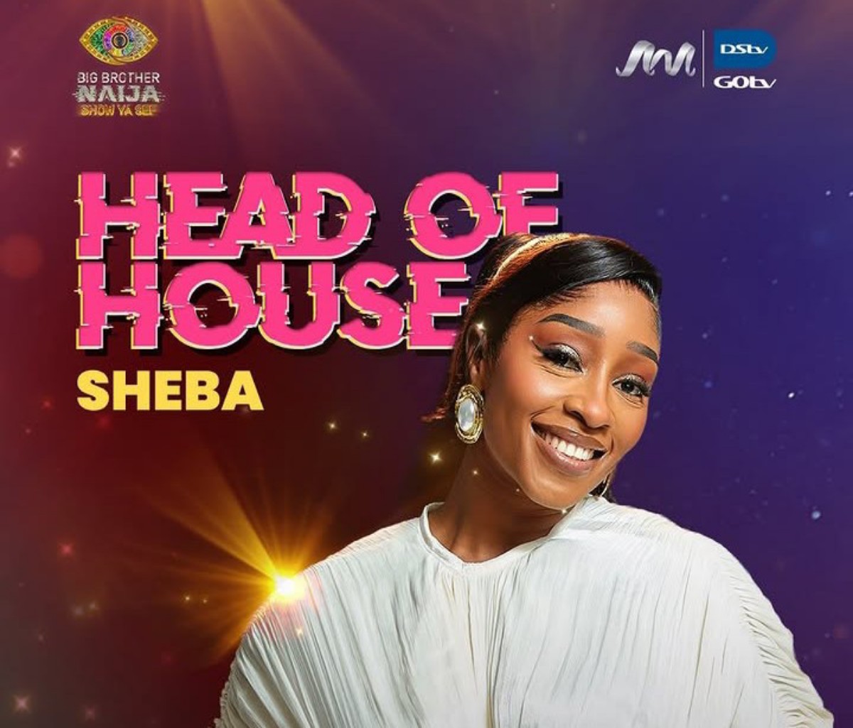Head of House poster featuring Sheba, smiling woman in white against a purple background.